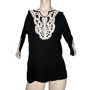 Lauren Michelle Black Tunic Top Crochet Lace Detail M Whimsy Bohemian Chic Fairy